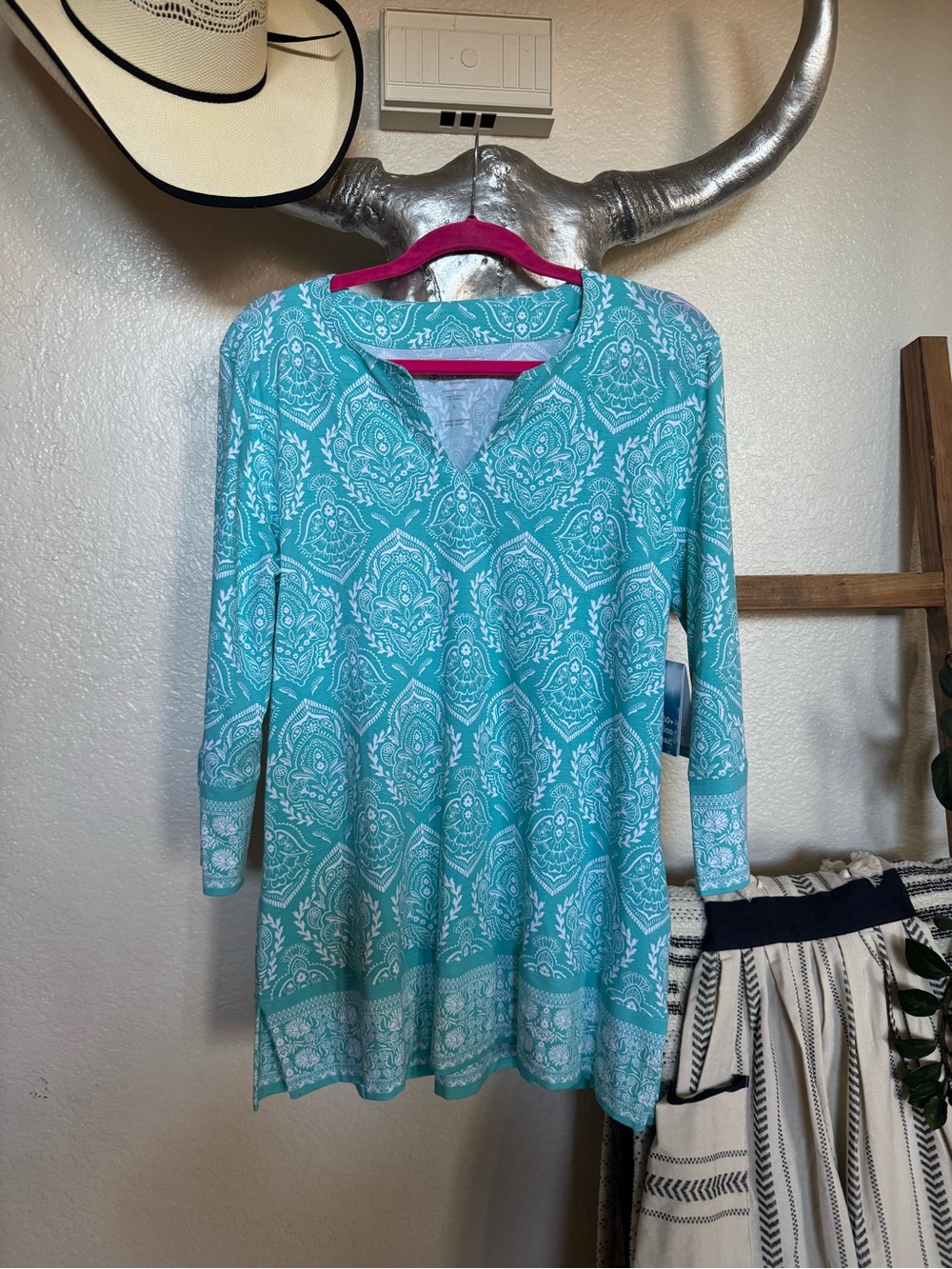 Coolibar Turquoise Paisley-Print Swim Cover-Up Tunic - Picture 2 of 7